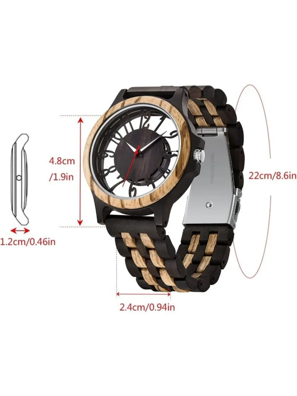 Men's Black Quartz Ebony Zebra Fold over Clasp Wood Strap Round Wooden Watch